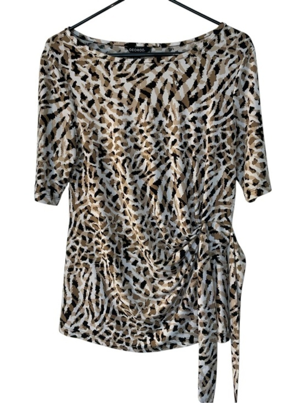 George Beige, Black & White Animal Print Side-Tie Short Sleeve Top